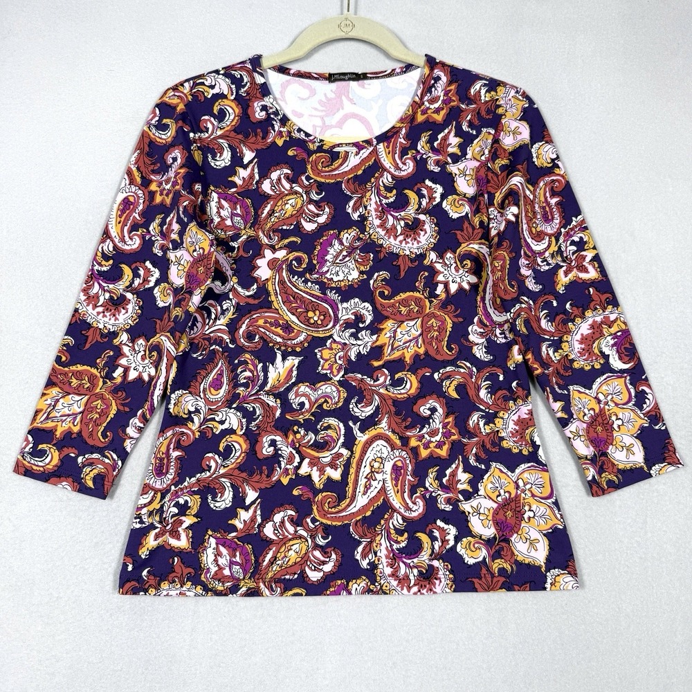 J McLaughlin Top Womens‎ Small Catalina Cloth 3/4 Sleeve Paisley Print Purple